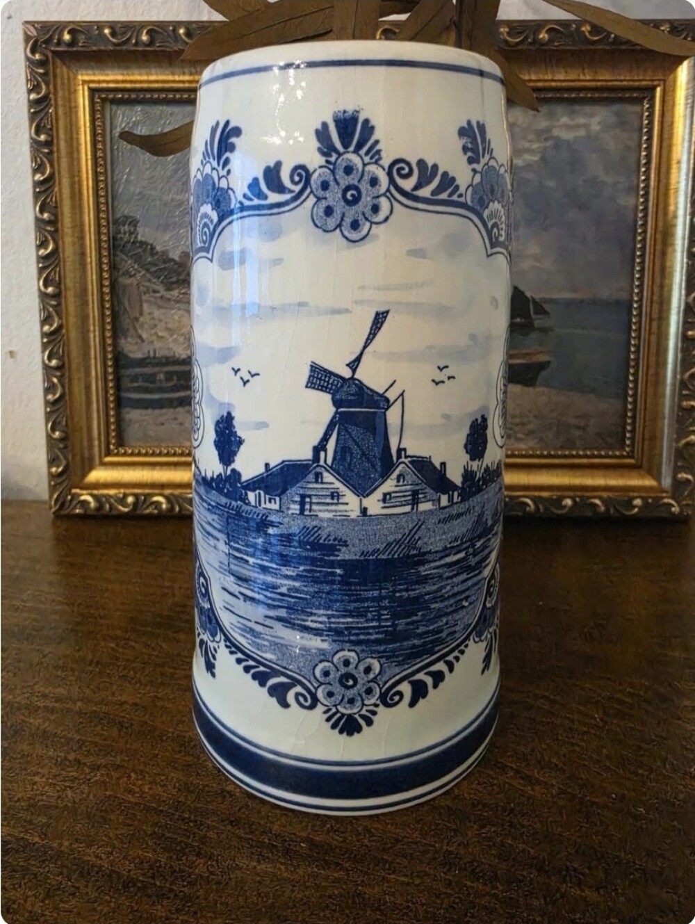 Vintage Ceramic Delft Blue Hand Painted Large Stein
